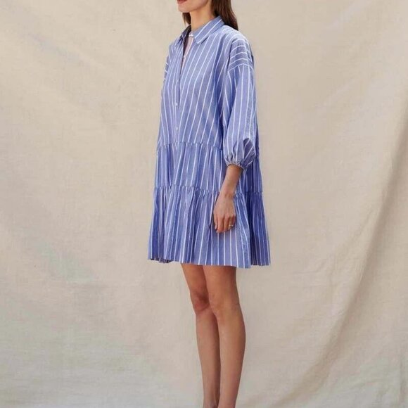 Sundry Stripe Short Tiered Mini Drees Shirt Buttondown Cotton Beach S NWT 277897 - Picture 3 of 10